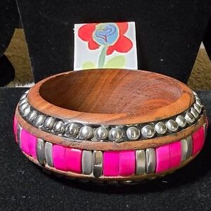 NEW Boho Wood Bangle Bracelet Hot Pink Silver Beads Statement Made in India
